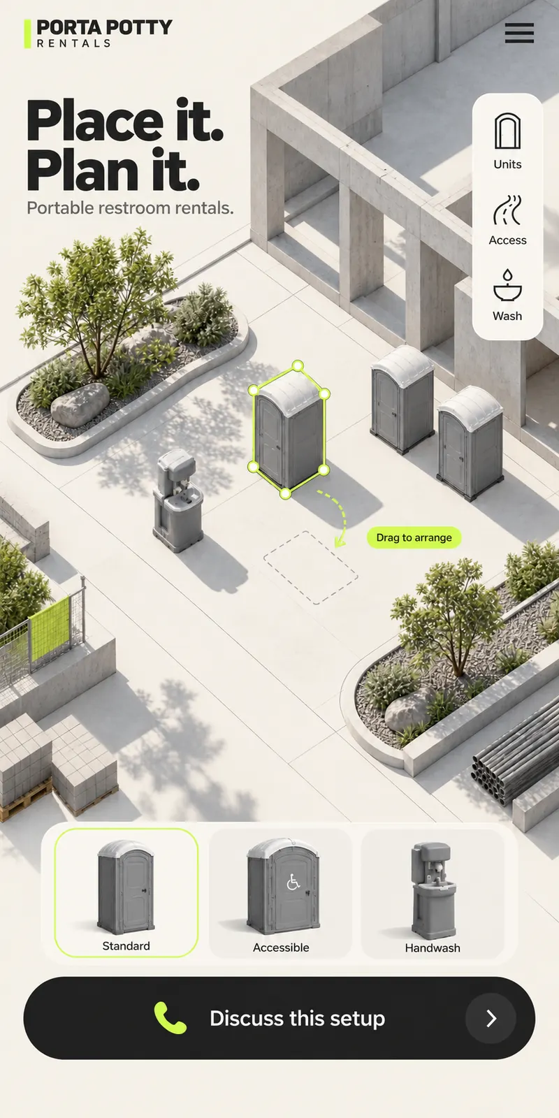Overhead layout illustration of portable toilets and handwashing on a working property